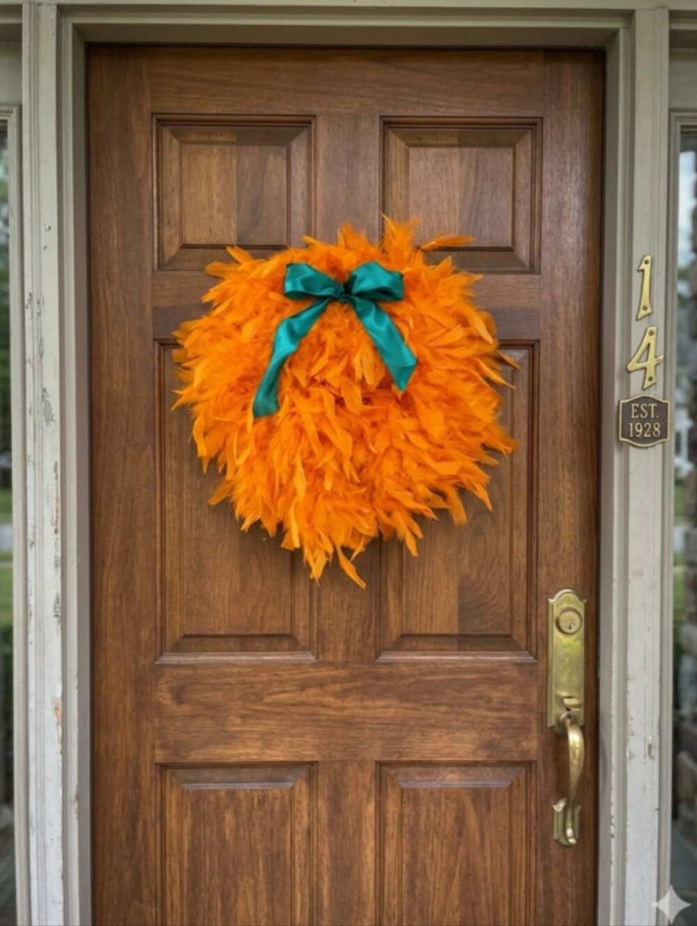 Handmade Feather Wreath With Bow-14" Orange/Green